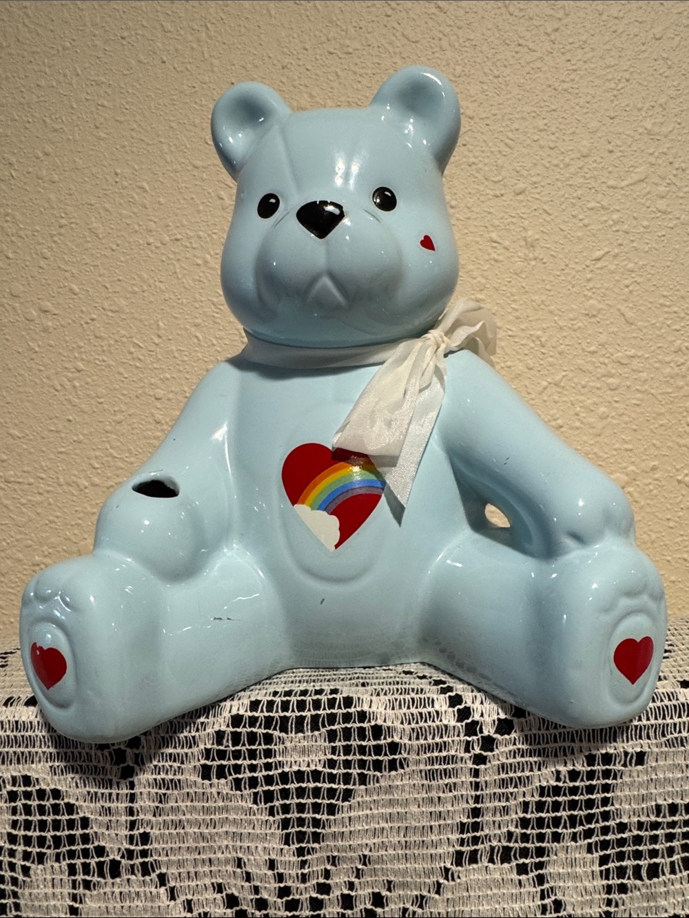 Teddy Bear Bank Figurine with Rainbow Heart Accent